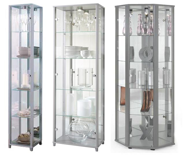 Lockable Silver Glass Display Cabinets: Double & Corner