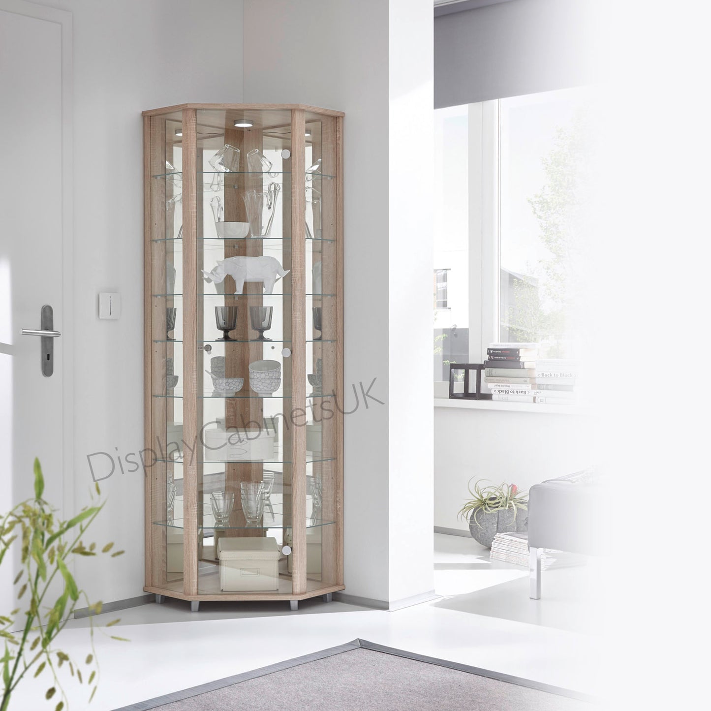 Lockable Oak Effect Glass Display Cabinets: Double & Corner