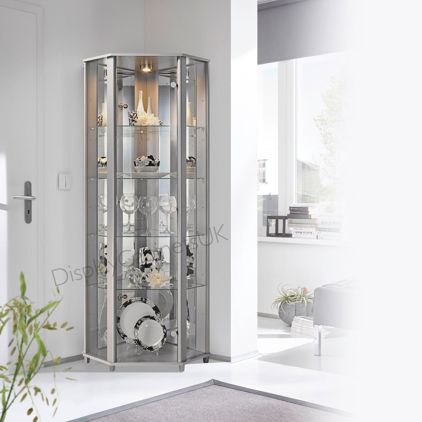 Lockable Silver Glass Display Cabinets: Double & Corner