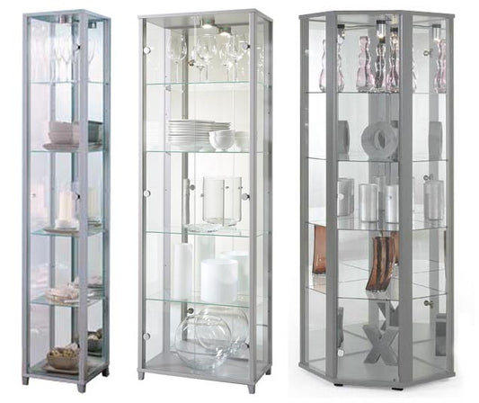Lockable Silver Glass Display Cabinets: Double & Corner