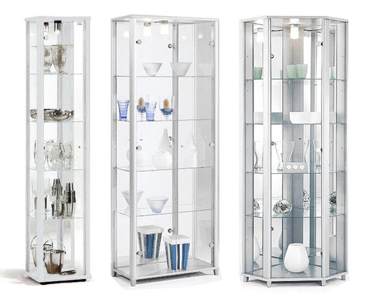 Lockable White Glass Display Cabinets: Double & Corner