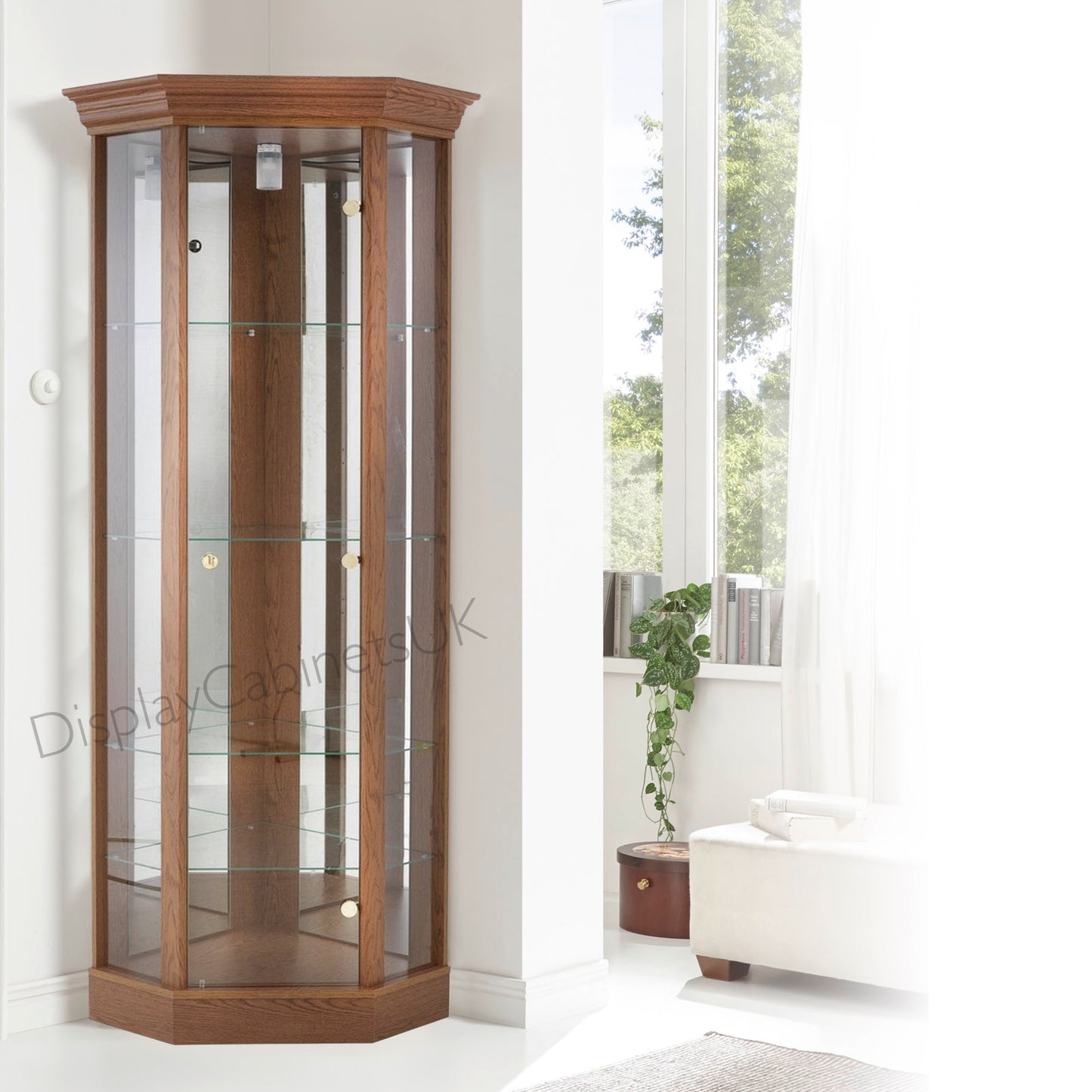 Lockable Corner Glass Display Cabinets with Pelmet - Light Oak, Dark Oak & Mahogany Effect