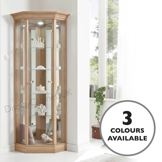 Lockable Corner Glass Display Cabinets with Pelmet - Light Oak, Dark Oak & Mahogany Effect