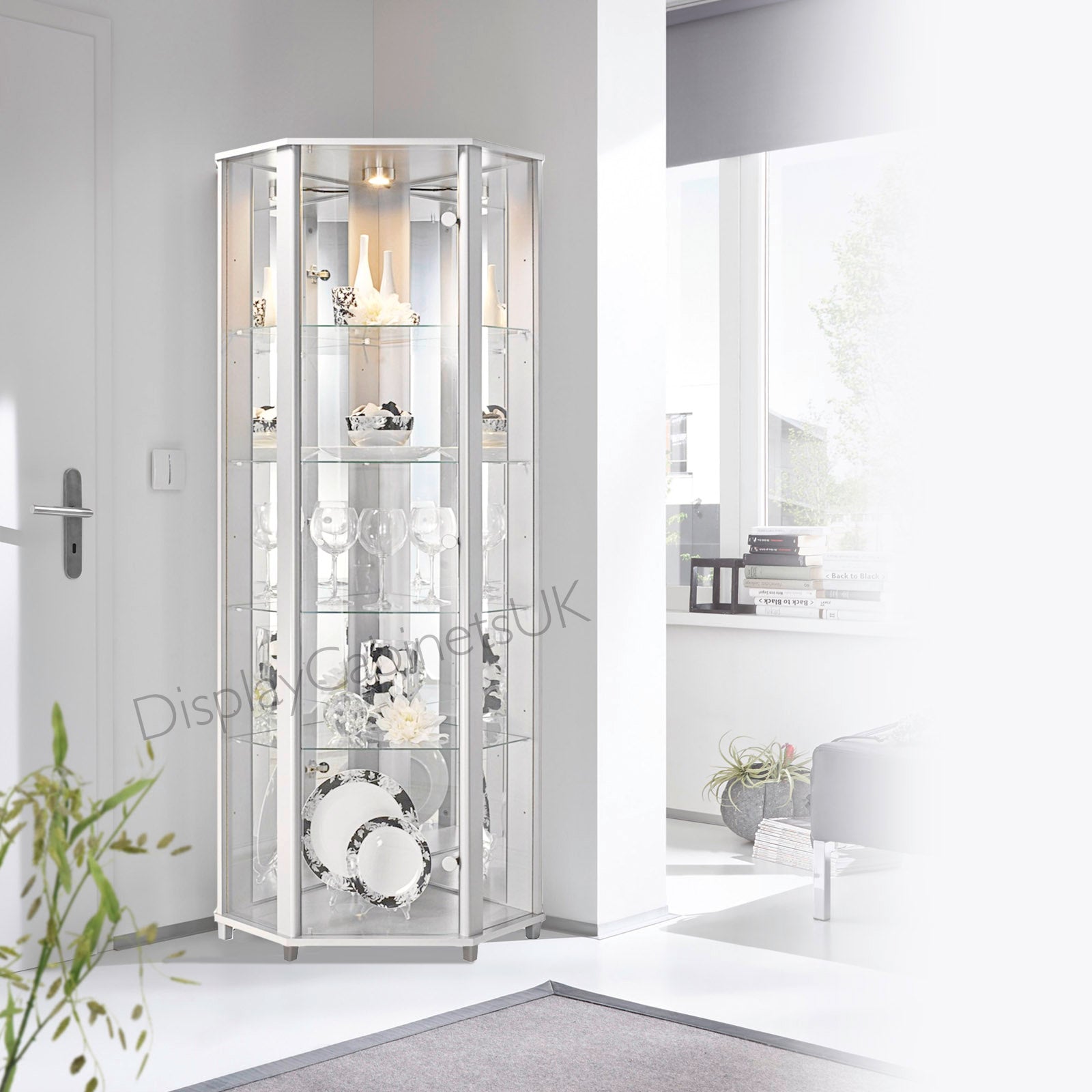 White corner china cabinet clearance with glass doors